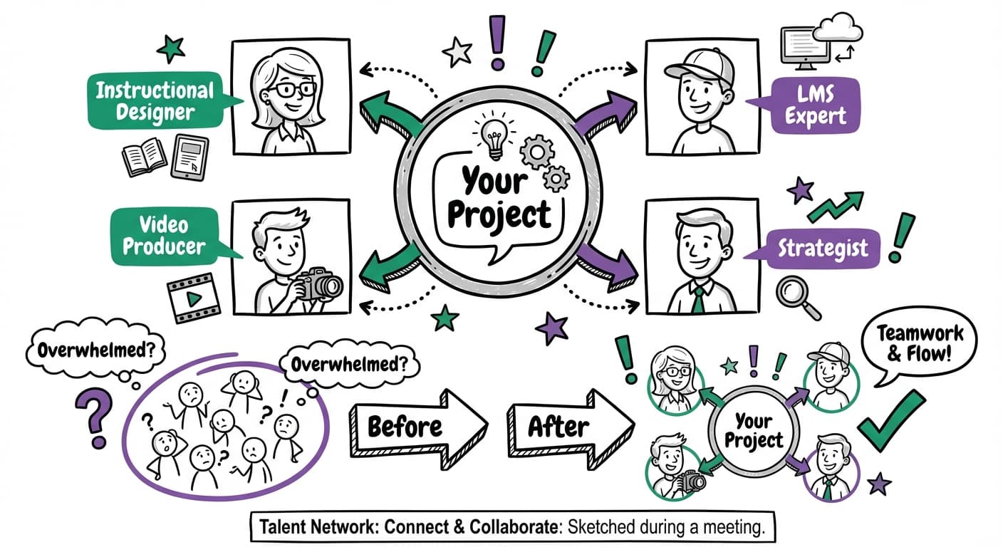 Your project connected to L&D experts: Instructional Designers, LMS Experts, Video Producers, Strategists