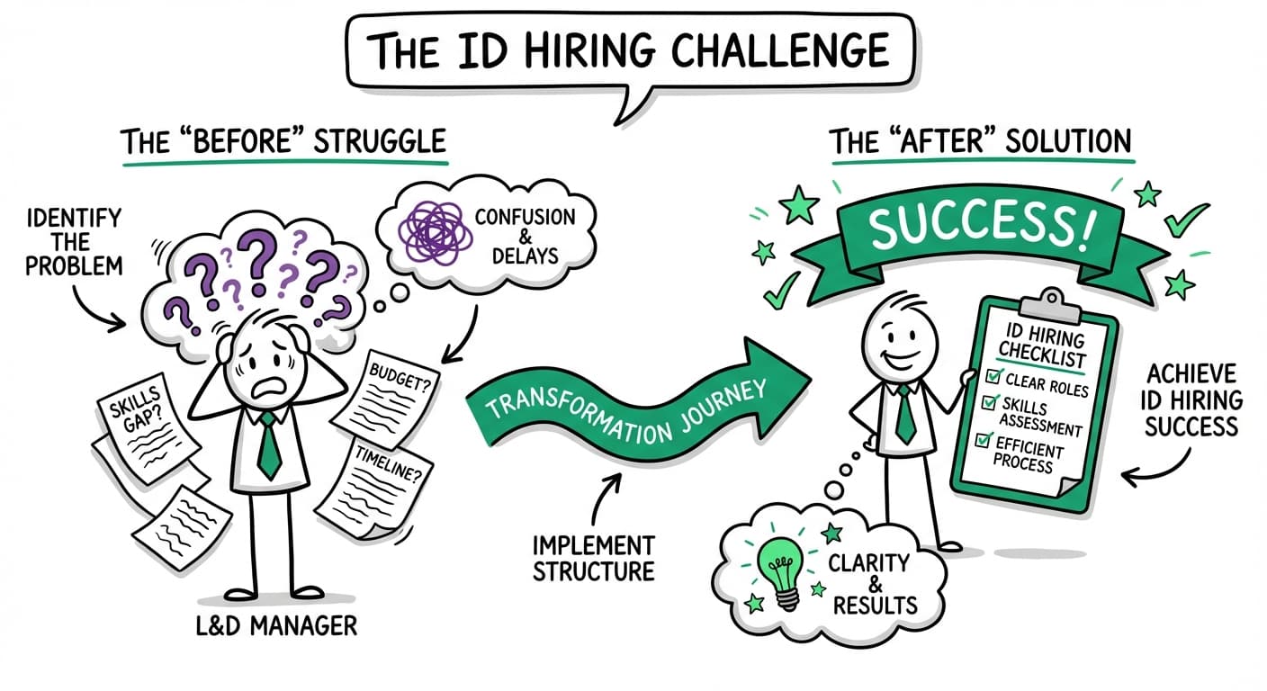 Whiteboard cartoon showing the ID hiring challenge - from confusion to success