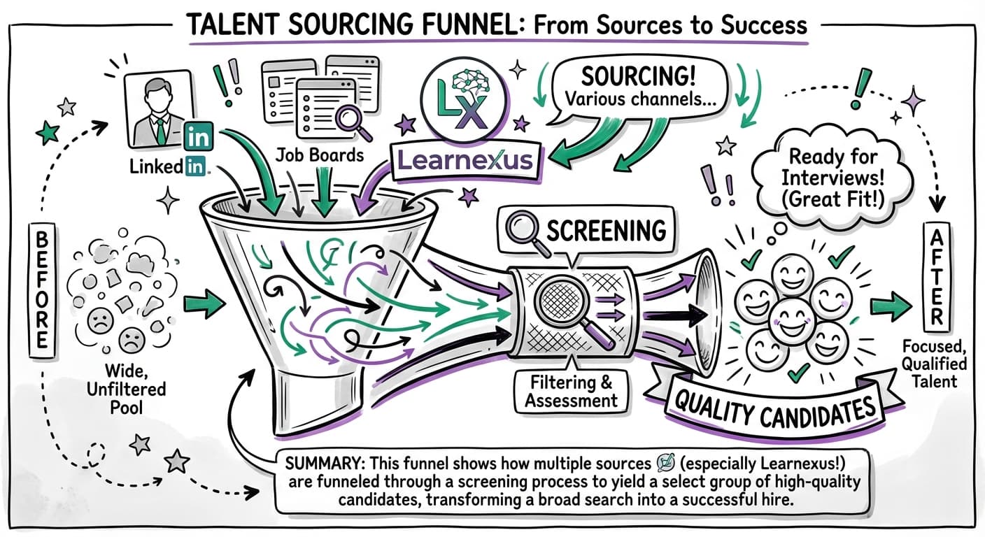 Whiteboard cartoon showing talent sourcing funnel from various sources to quality candidates