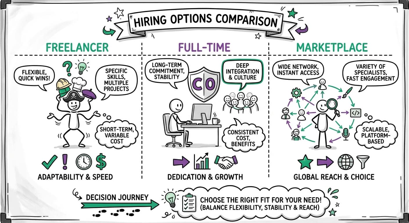 Whiteboard cartoon comparing freelancer, full-time, and marketplace hiring options