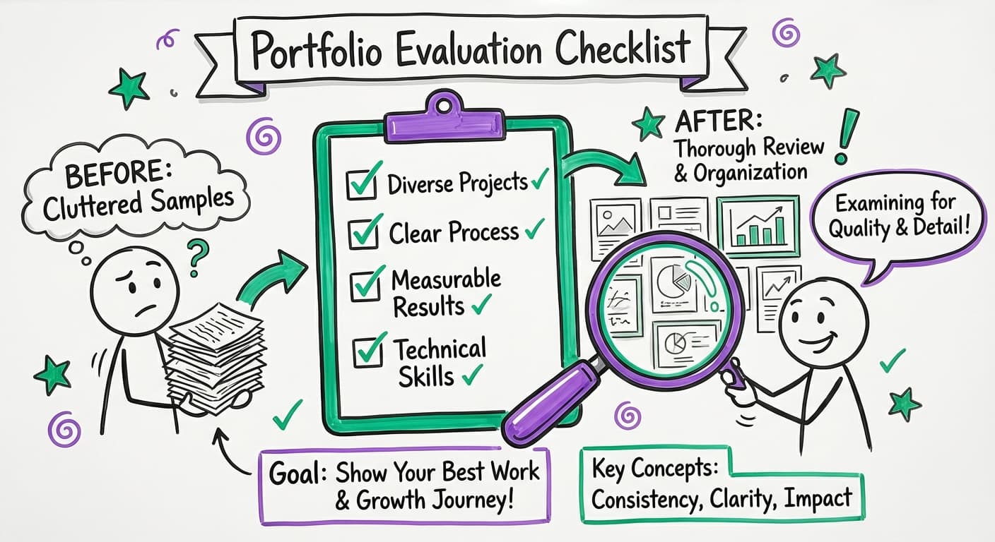 Whiteboard cartoon showing portfolio evaluation checklist with magnifying glass