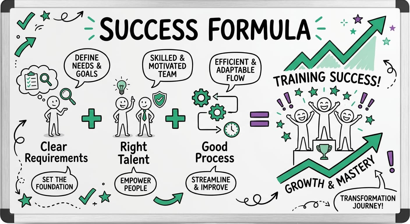Whiteboard cartoon showing success formula: Clear Requirements + Right Talent + Good Process = Training Success