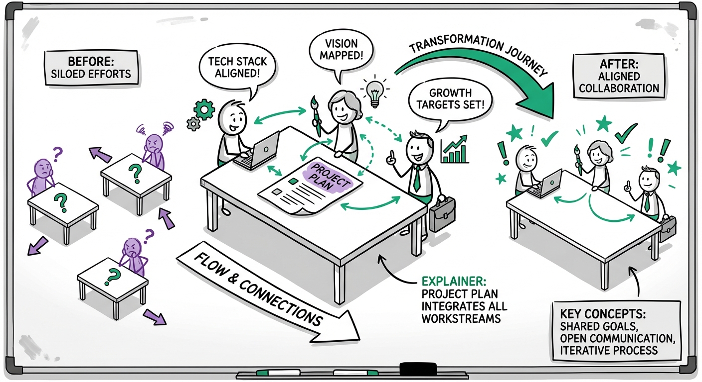 Isometric illustration of a team meeting. A central table has a "Project Plan" on it. Diverse team members (Tech, Creative, Business) are aligned and collaborating.